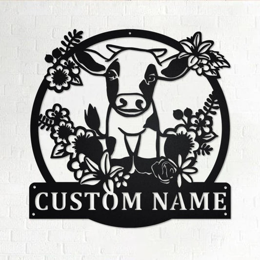 Custom Floral Cow Farm Metal Wall Art